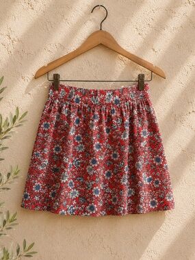 LOFT Petites Linen Blend Red Floral Skirt Pockets Size Small Cottagecore Summer